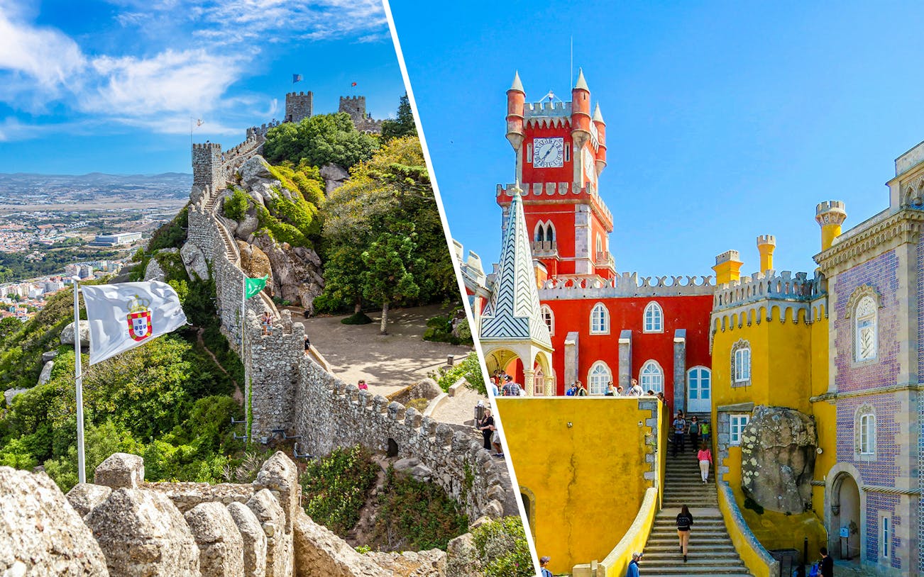Moorish Castle walls and colorful Pena Palace in Sintra, Portugal.